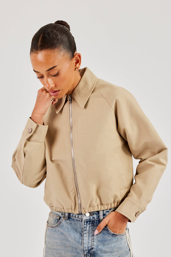 Collared Twill Bomber Jacket - Beige