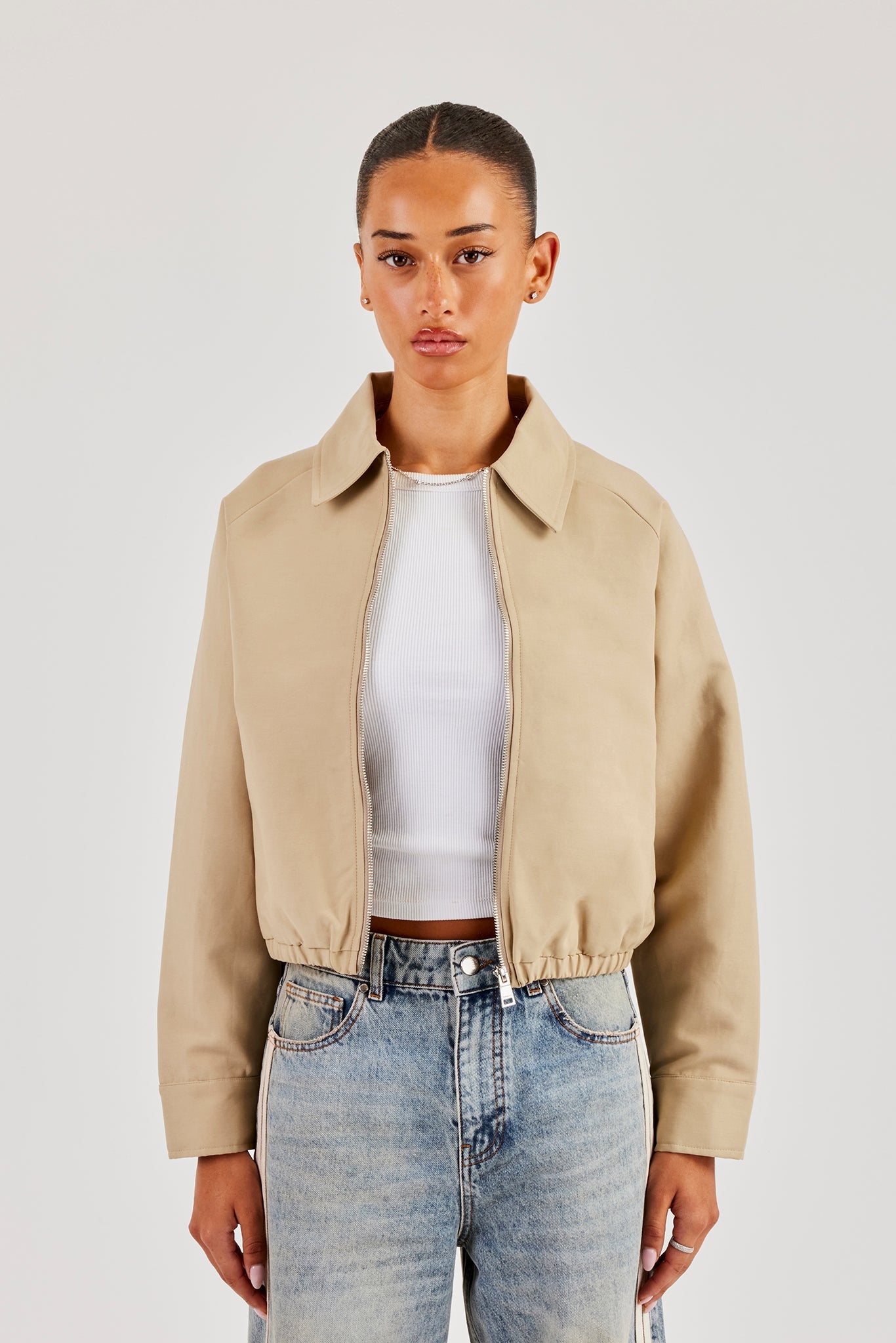 Collared Twill Bomber Jacket - Beige