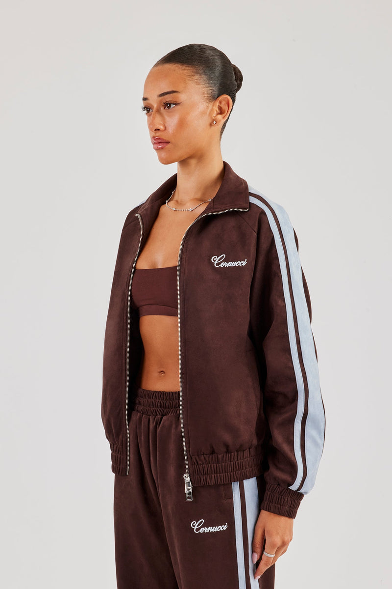 Suede Track Jacket With Side Stripes - Coffee