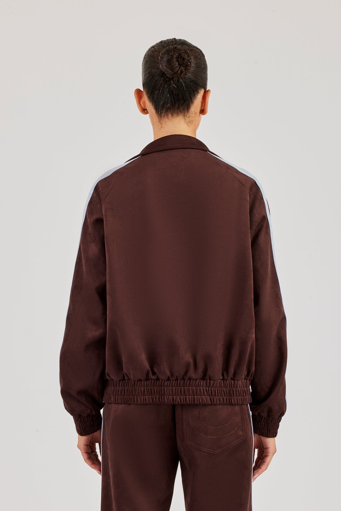 Suede Track Jacket With Side Stripes - Coffee
