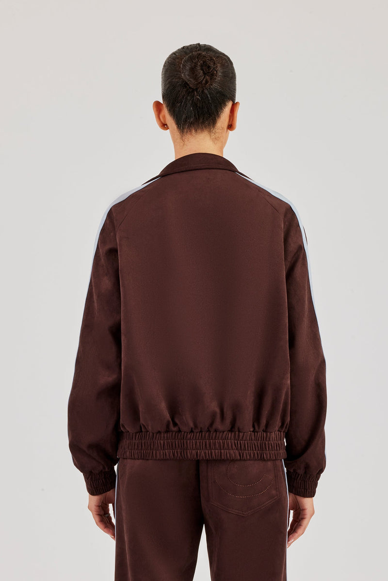 Suede Track Jacket With Side Stripes - Coffee