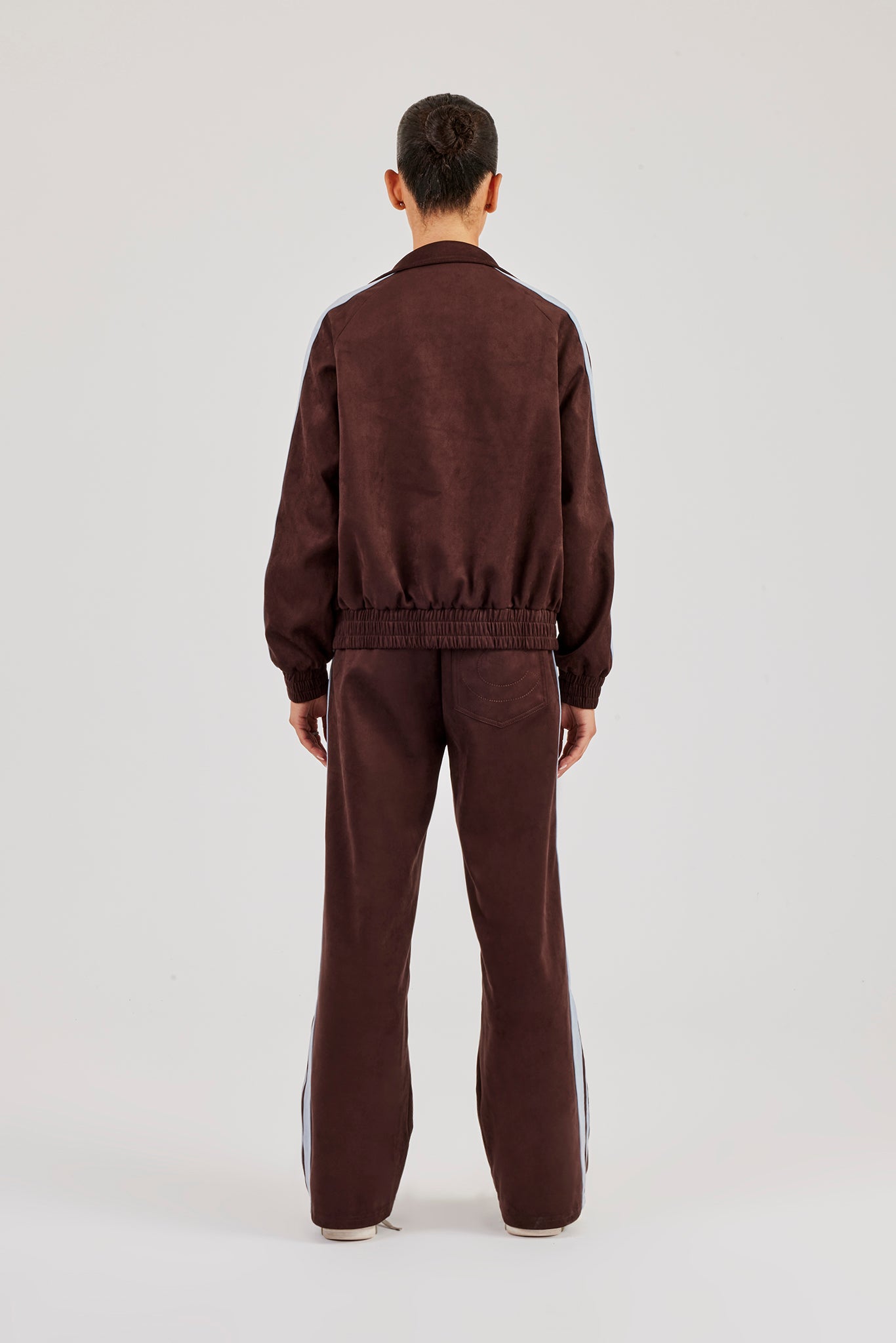 Suede Track Jacket & Jogger With Side Stripes - Coffee