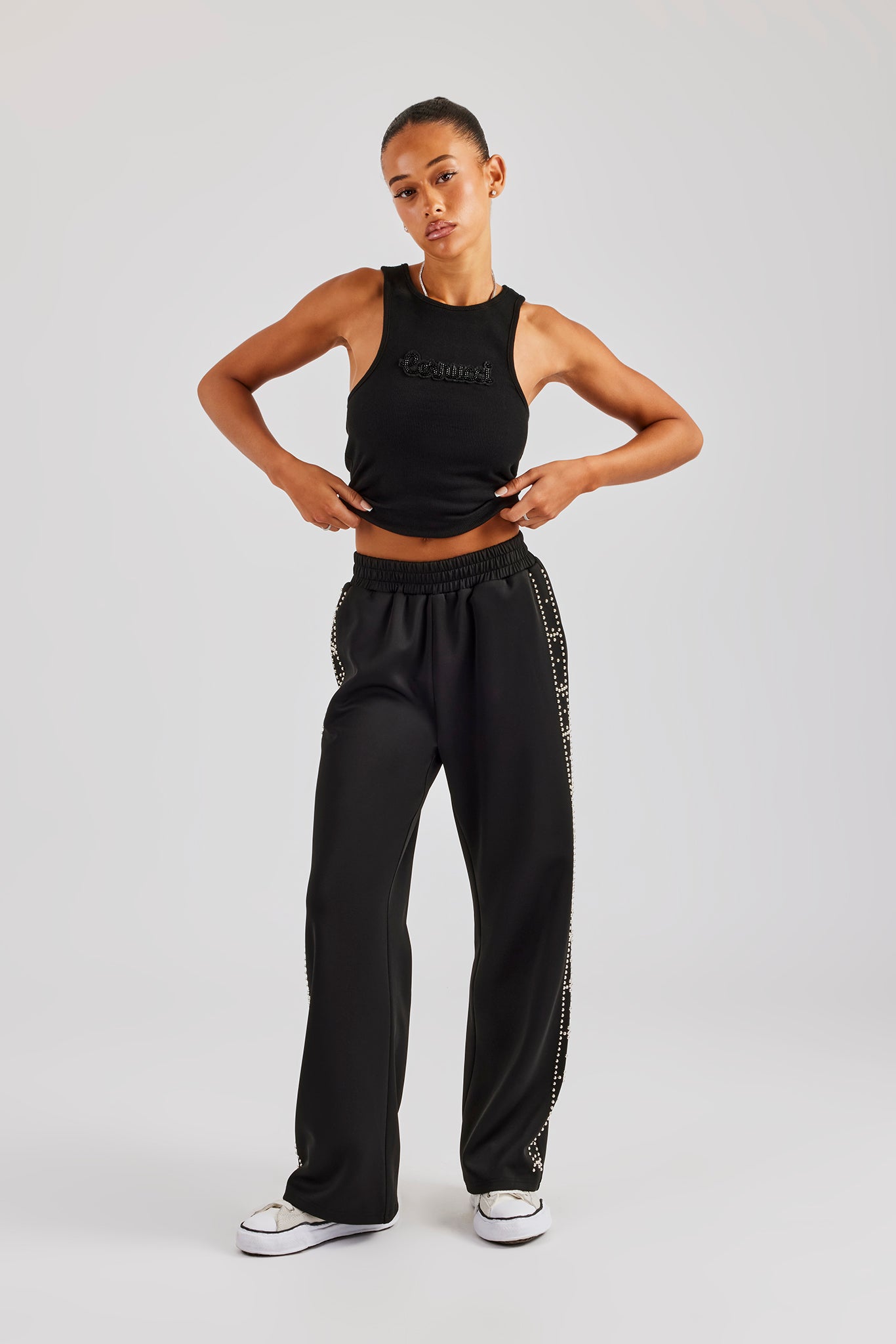 Stud Wide Leg Jogger - Black | Womens Joggers | Shop Plain Joggers