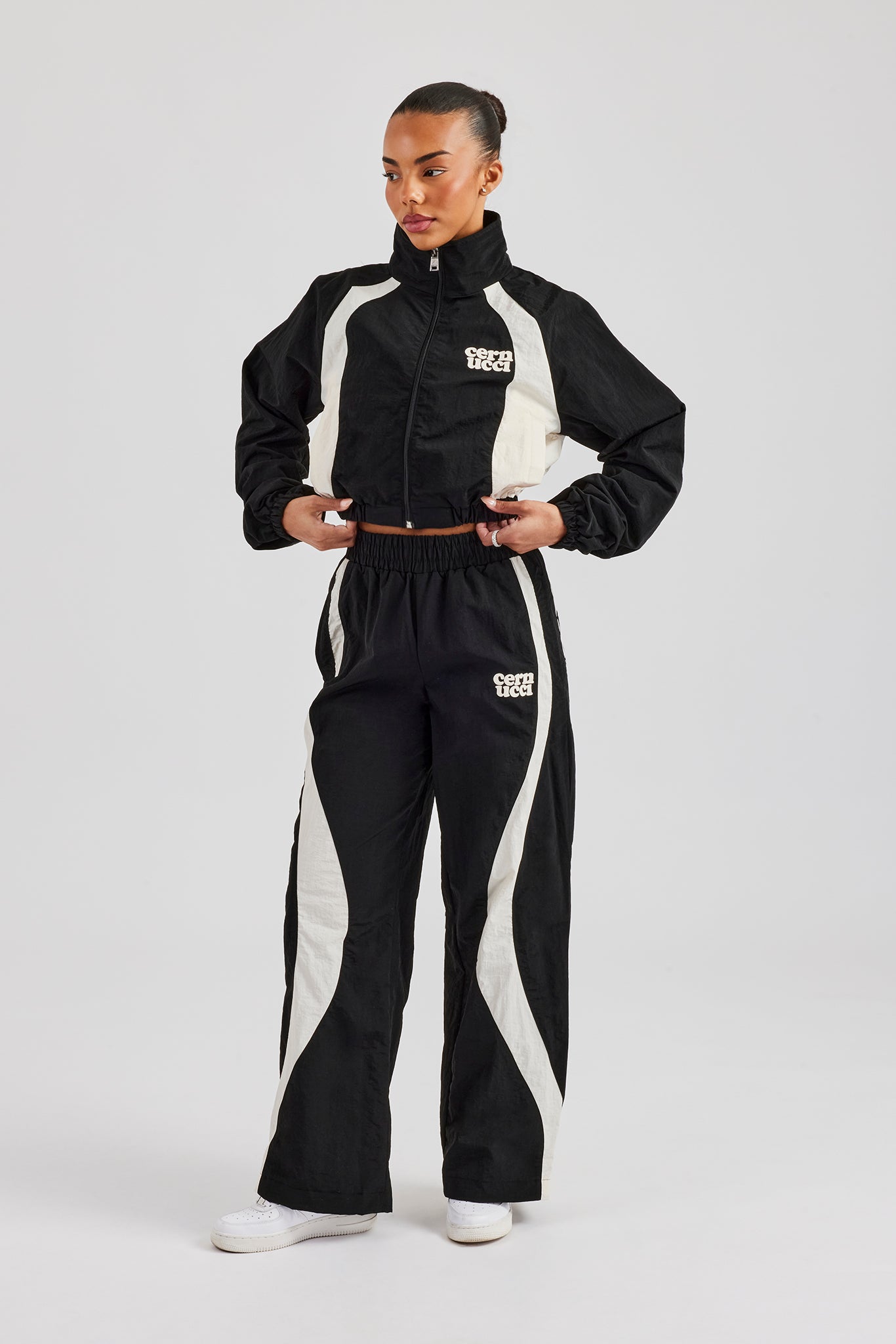 Contrast Panel Nylon Zip Through Tracksuit - Black | Womens Sets