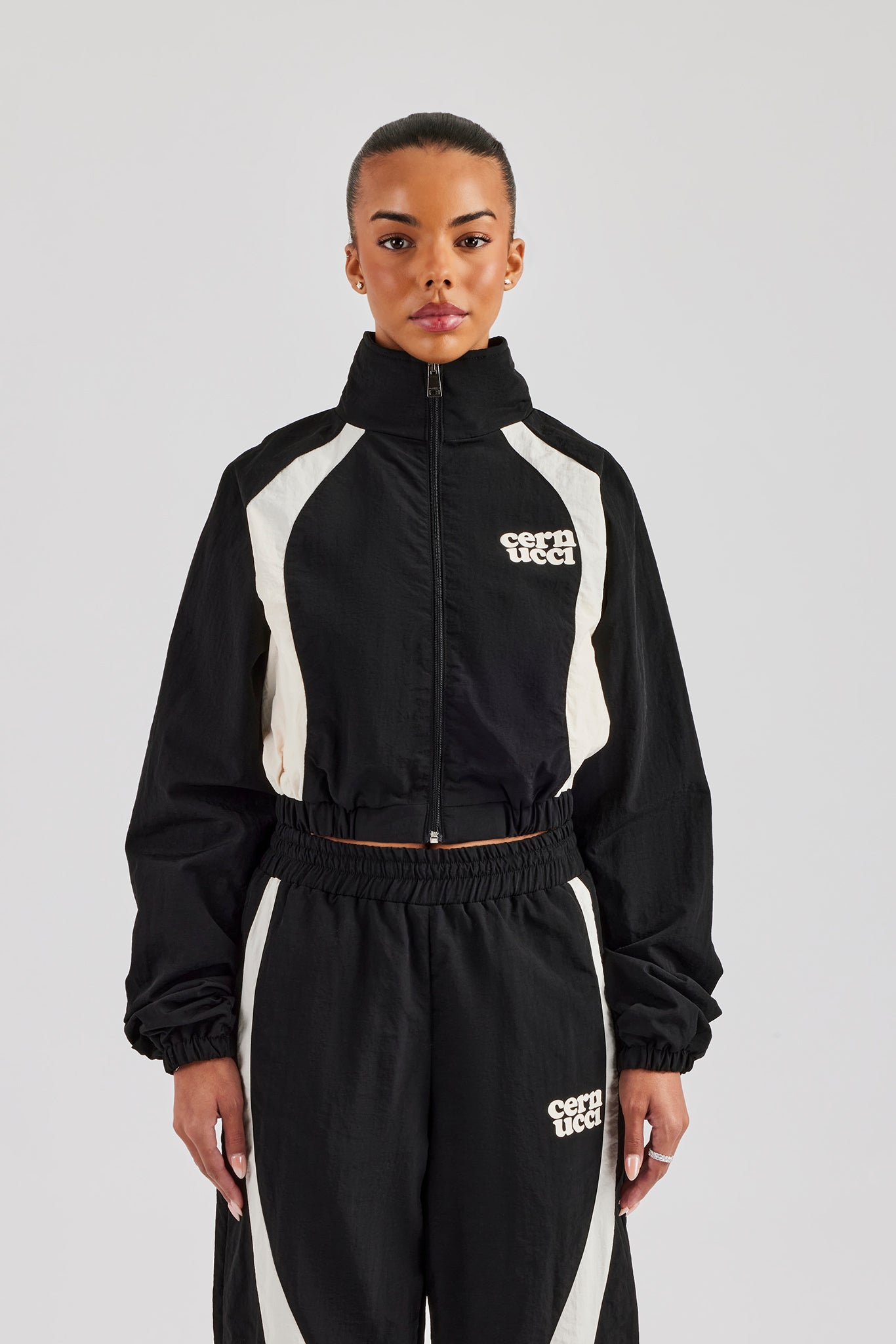 Front Panel Jacket Contrast Panel Nylon Zip Through Jacket - Black | Womens Outerwear ...