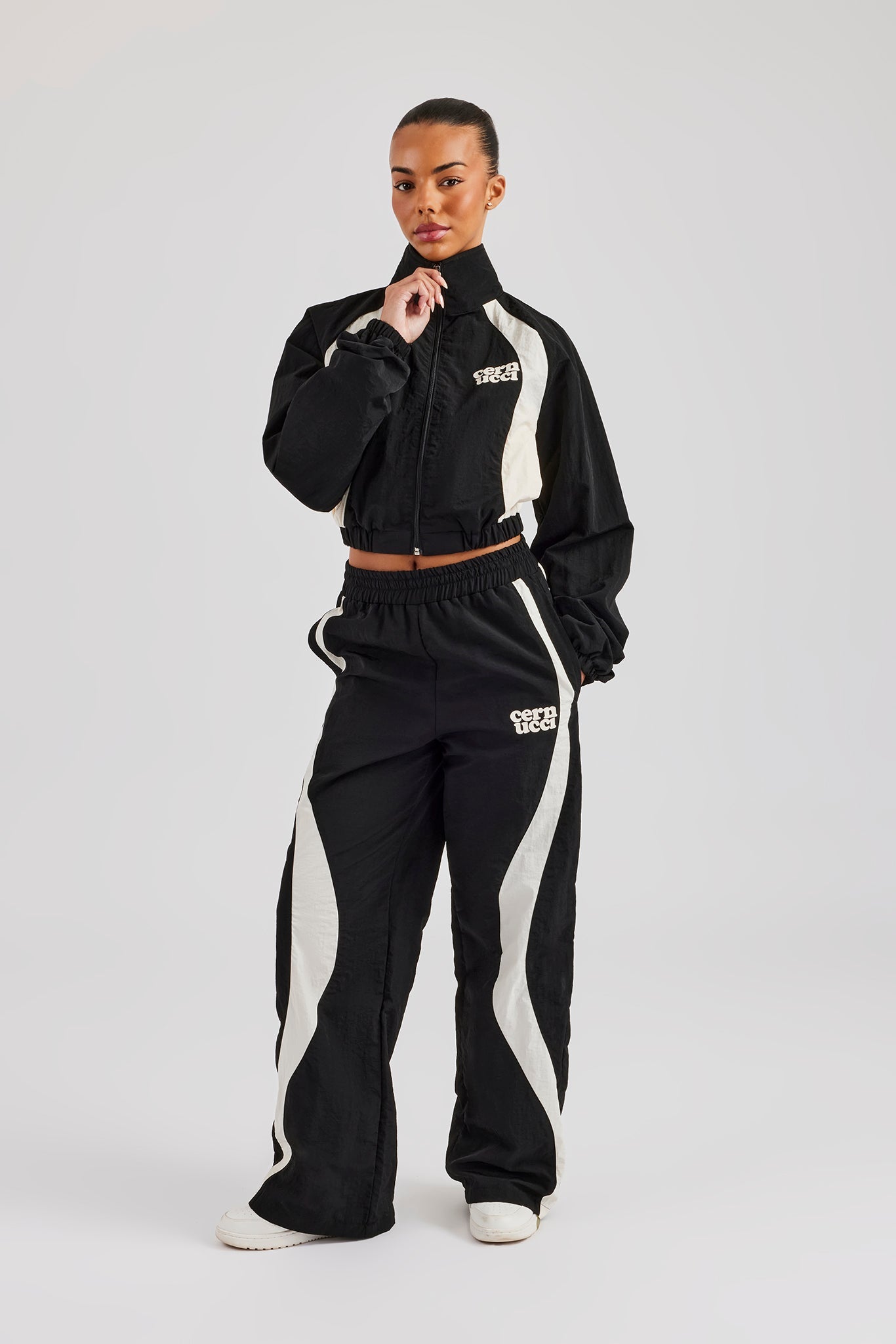 Contrast Panel Nylon Zip Through Tracksuit - Black | Womens Sets