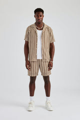 Knitted Contrast Stripe Revere Shirt & Short Set - Chocolate