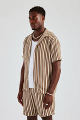 Knitted Contrast Stripe Revere Shirt - Chocolate