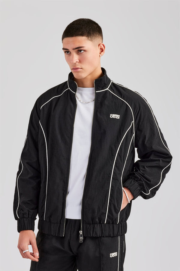 Nylon Piping Zip Through Jacket - Black