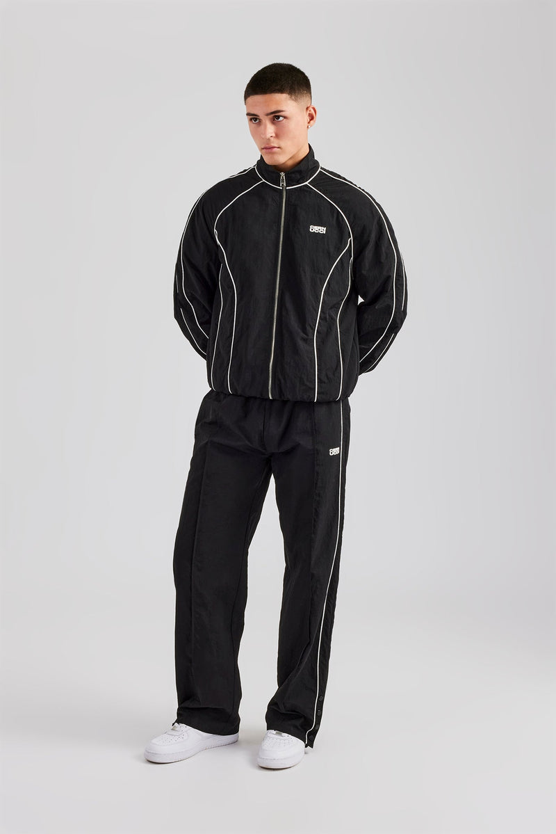 Nylon Piping Zip Through Tracksuit - Black