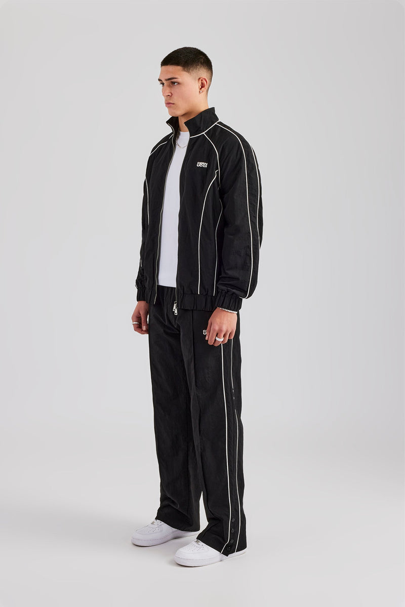 Nylon Piping Zip Through Tracksuit - Black