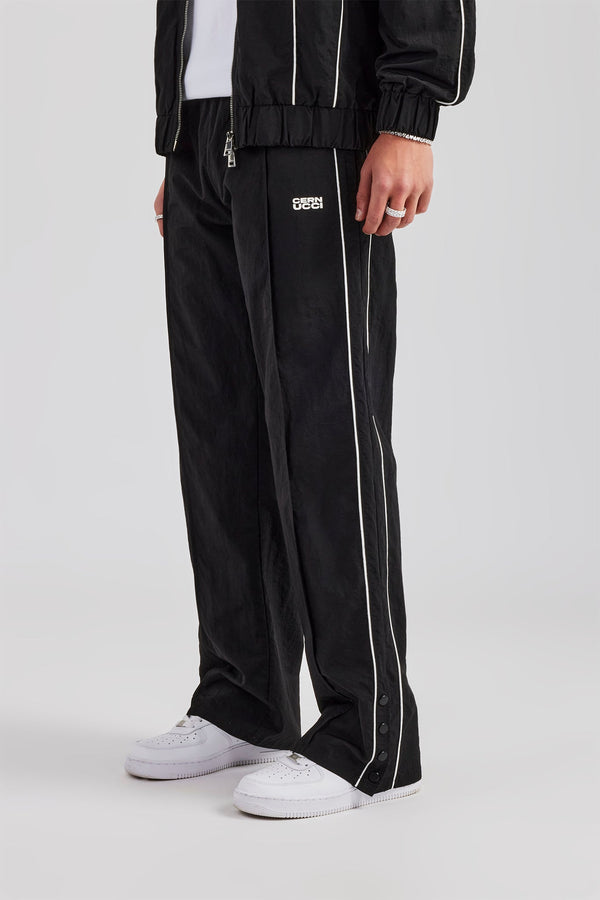 Nylon Piping Popper Wide Leg Jogger - Black