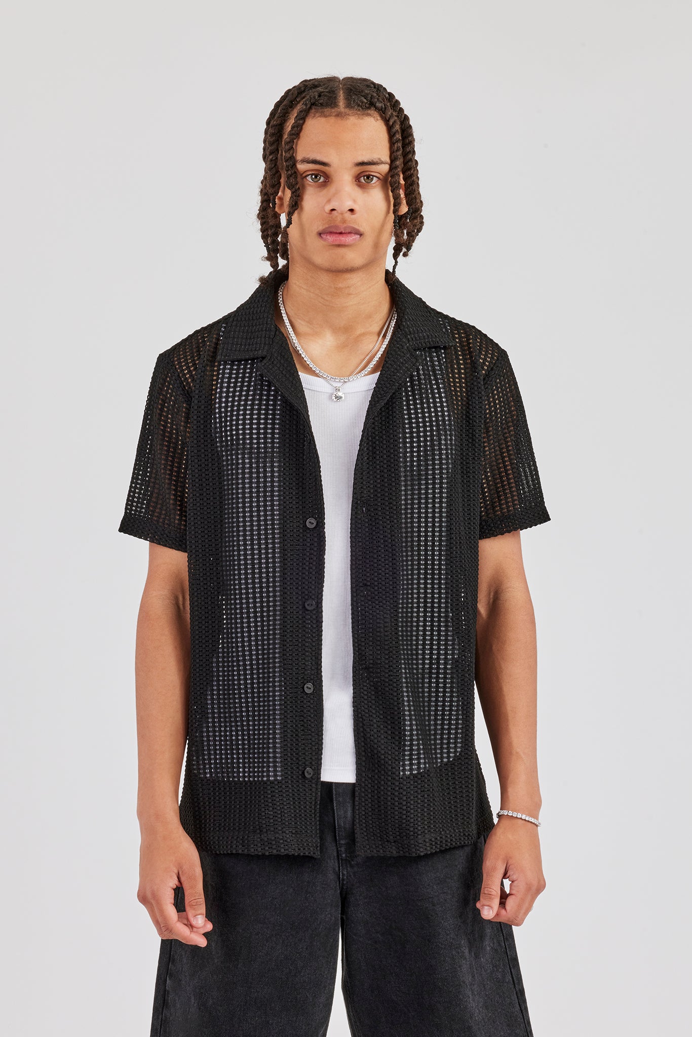 Textured Button Front Revere Shirt - Black
