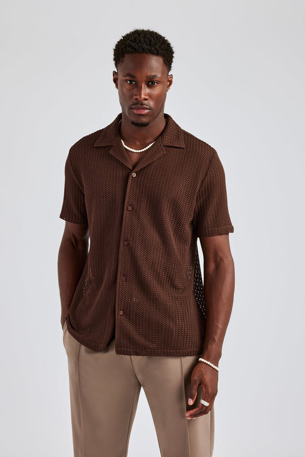 Textured Button Front Revere Shirt - Chocolate