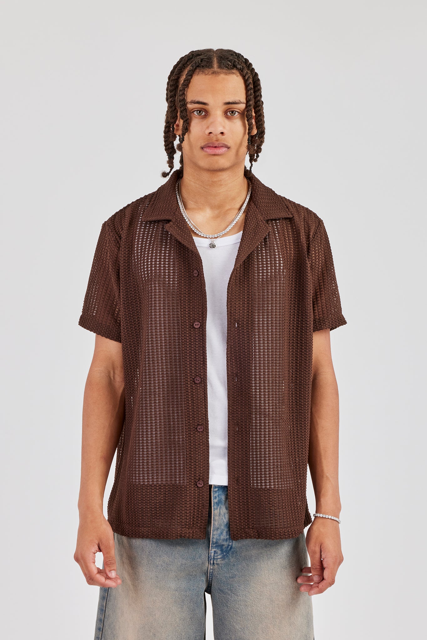 Textured Button Front Revere Shirt - Chocolate
