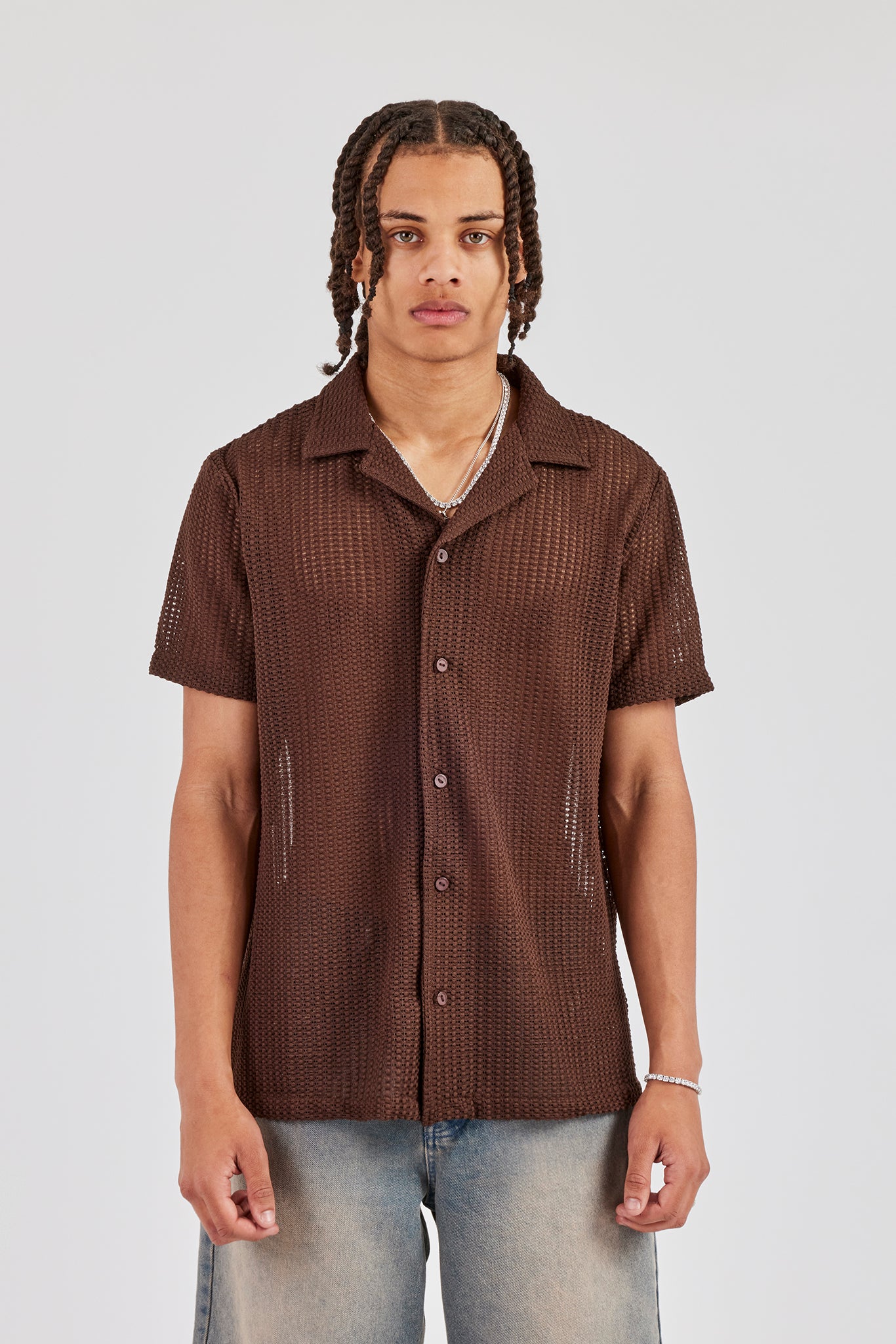 Textured Button Front Revere Shirt - Chocolate