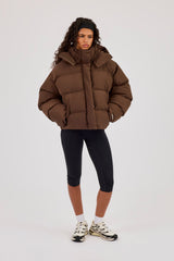 Funnel Neck Hooded Puffer Jacket - Chocolate