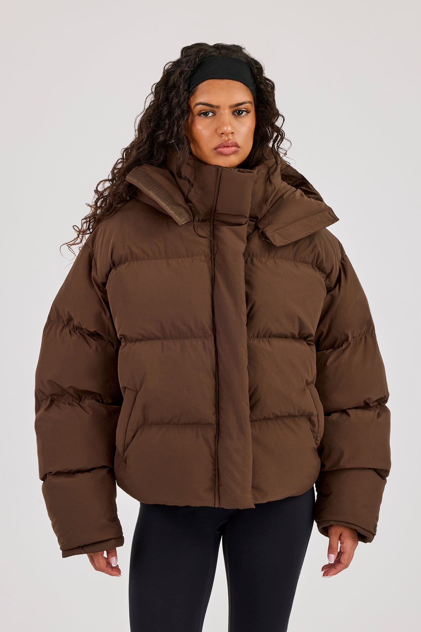 Funnel Neck Hooded Puffer Jacket - Chocolate