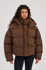 Funnel Neck Hooded Puffer Jacket - Chocolate