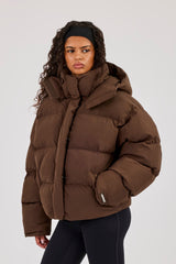 Funnel Neck Hooded Puffer Jacket - Chocolate