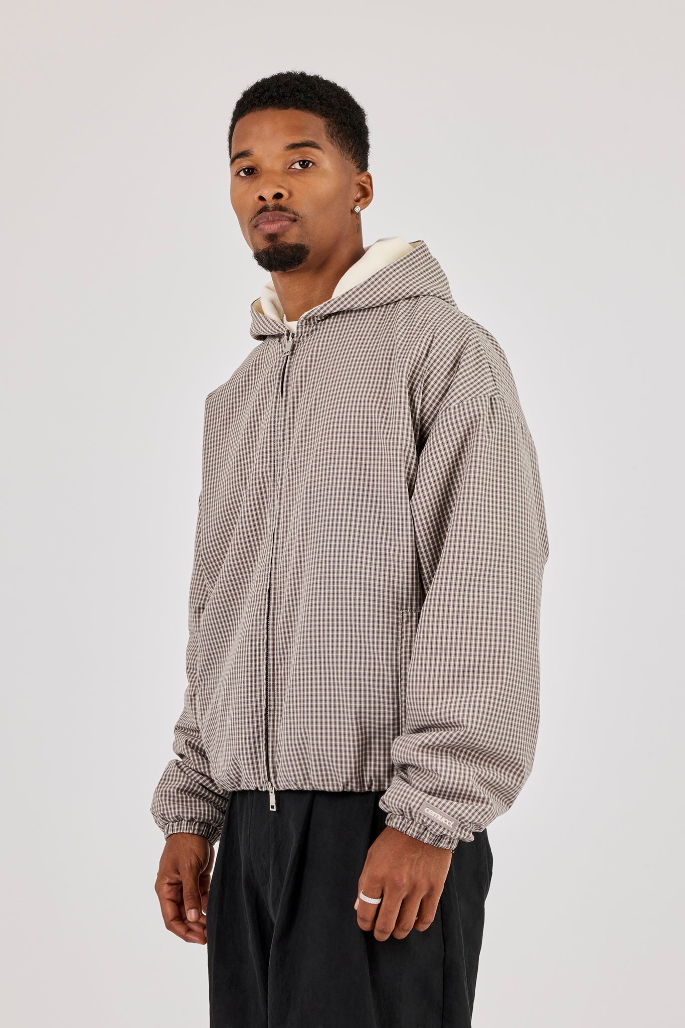Check Jersey Lined Hooded Jacket - Grey