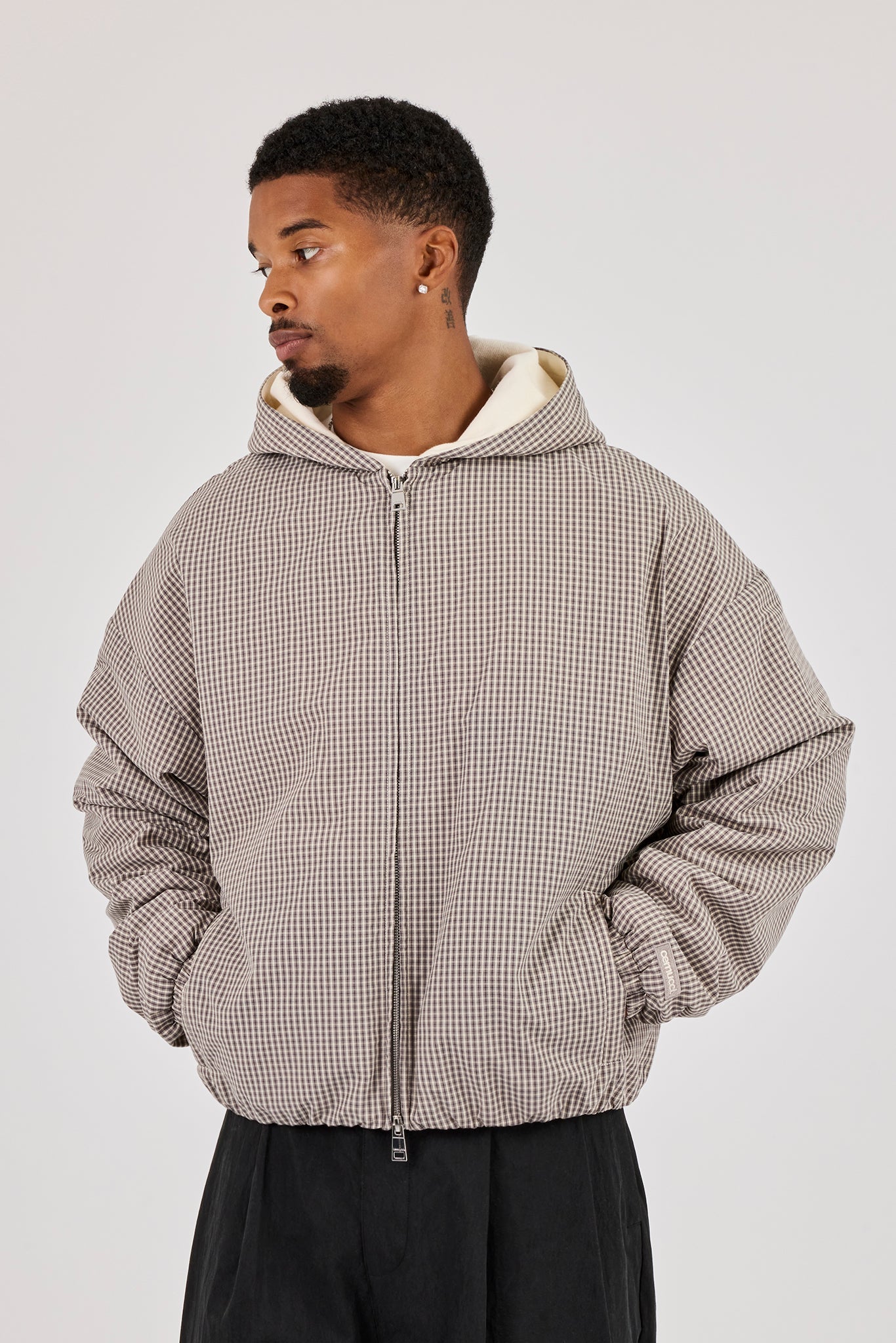 Check Jersey Lined Hooded Jacket - Grey