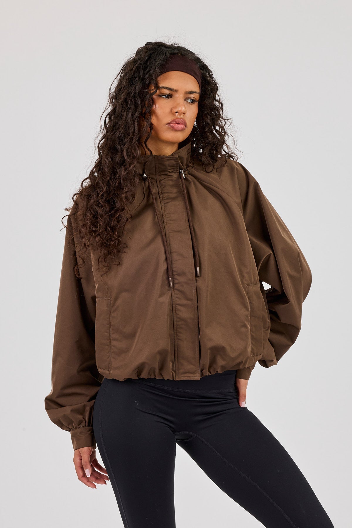 Nylon Funnel Neck Jacket - Chocolate