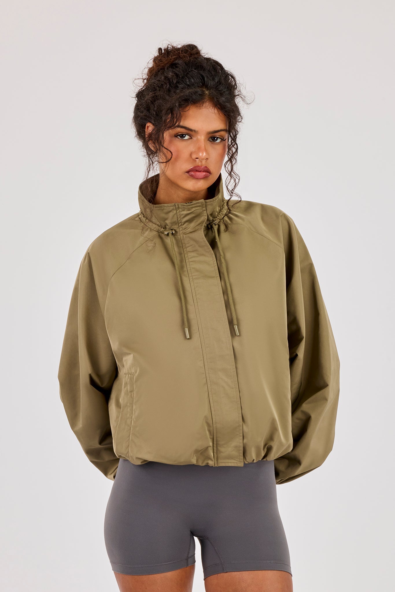 Nylon Cinched Funnel Neck Jacket - Khaki