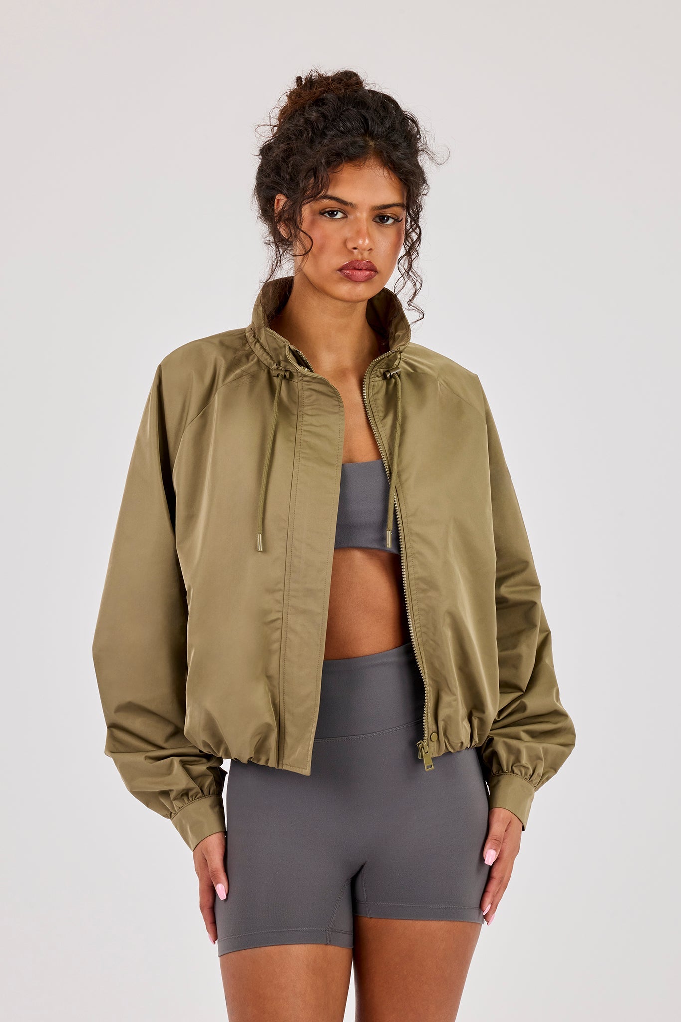 Nylon Cinched Funnel Neck Jacket - Khaki