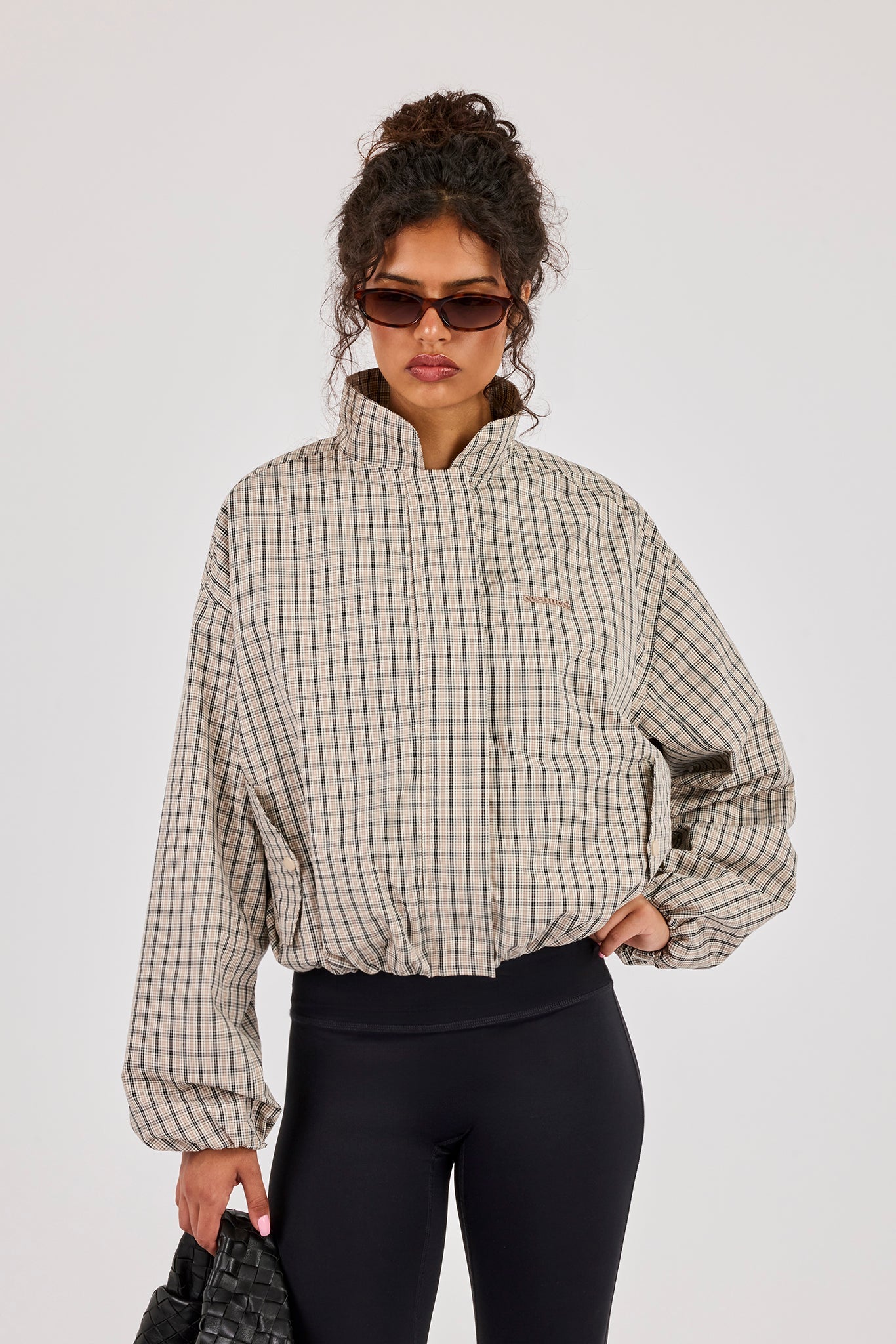 Check Funnel Neck Jacket - Taupe