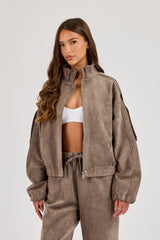 Suede Zip Through Funnel Neck Jacket - Grey