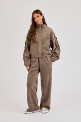 Suede Zip Through Funnel Neck Jacket & Wide Leg Trouser - Grey