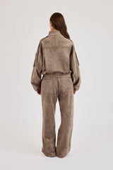 Suede Zip Through Funnel Neck Jacket & Wide Leg Trouser - Grey