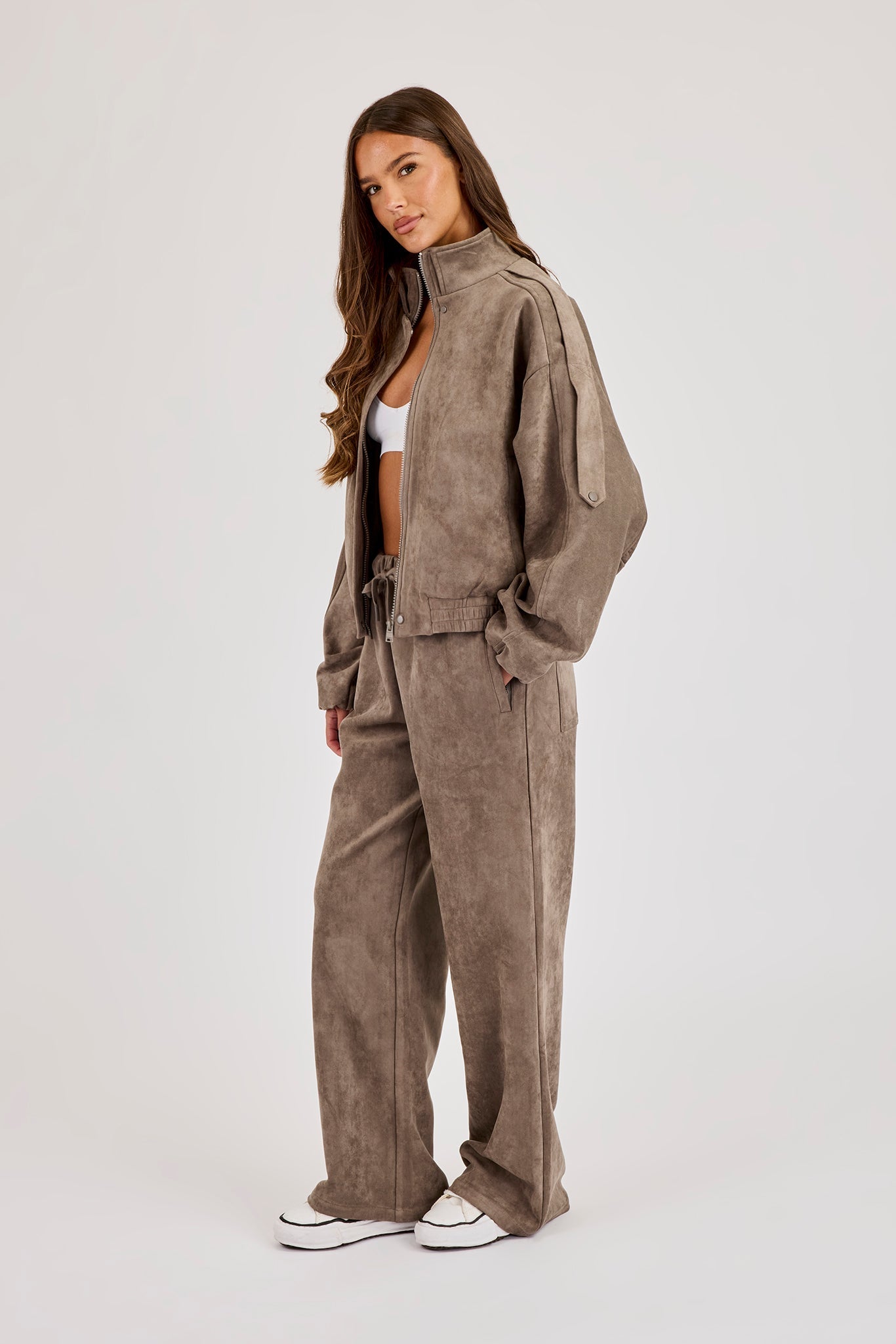 Suede Zip Through Funnel Neck Jacket & Wide Leg Trouser - Grey