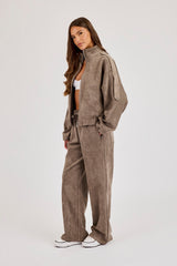 Suede Zip Through Funnel Neck Jacket & Wide Leg Trouser - Grey