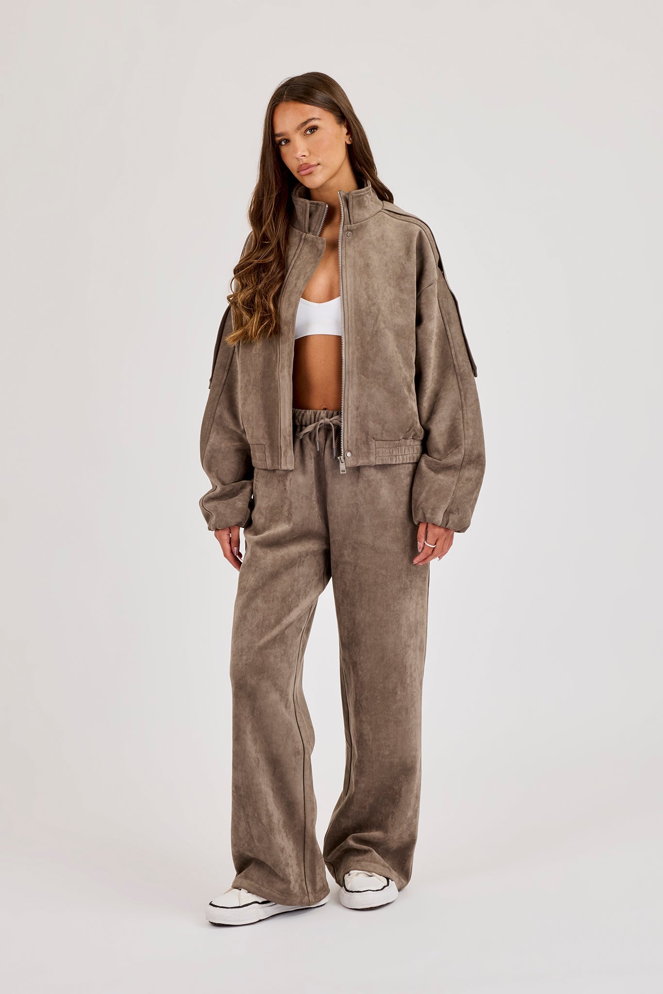 Suede Zip Through Funnel Neck Jacket & Wide Leg Trouser - Grey