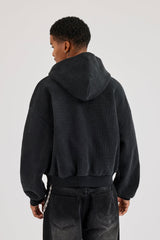 Acid Wash Waffle Boxy Zip Through Hoodie - Washed Black