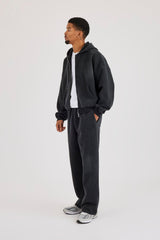 Acid Wash Waffle Boxy Zip Through Hoodie & Relaxed Jogger  - Washed Black