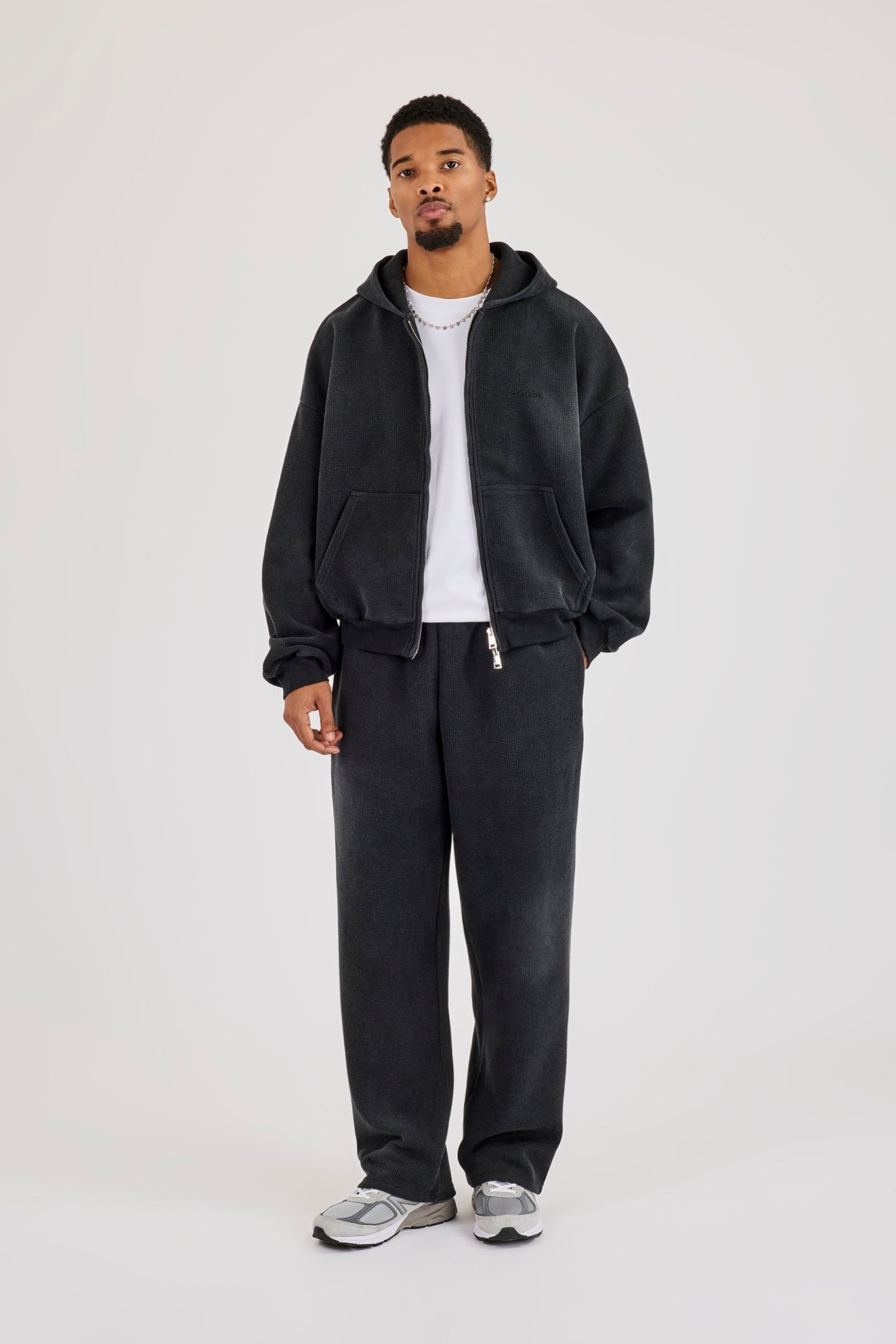 Acid Wash Waffle Boxy Zip Through Hoodie & Relaxed Jogger  - Washed Black