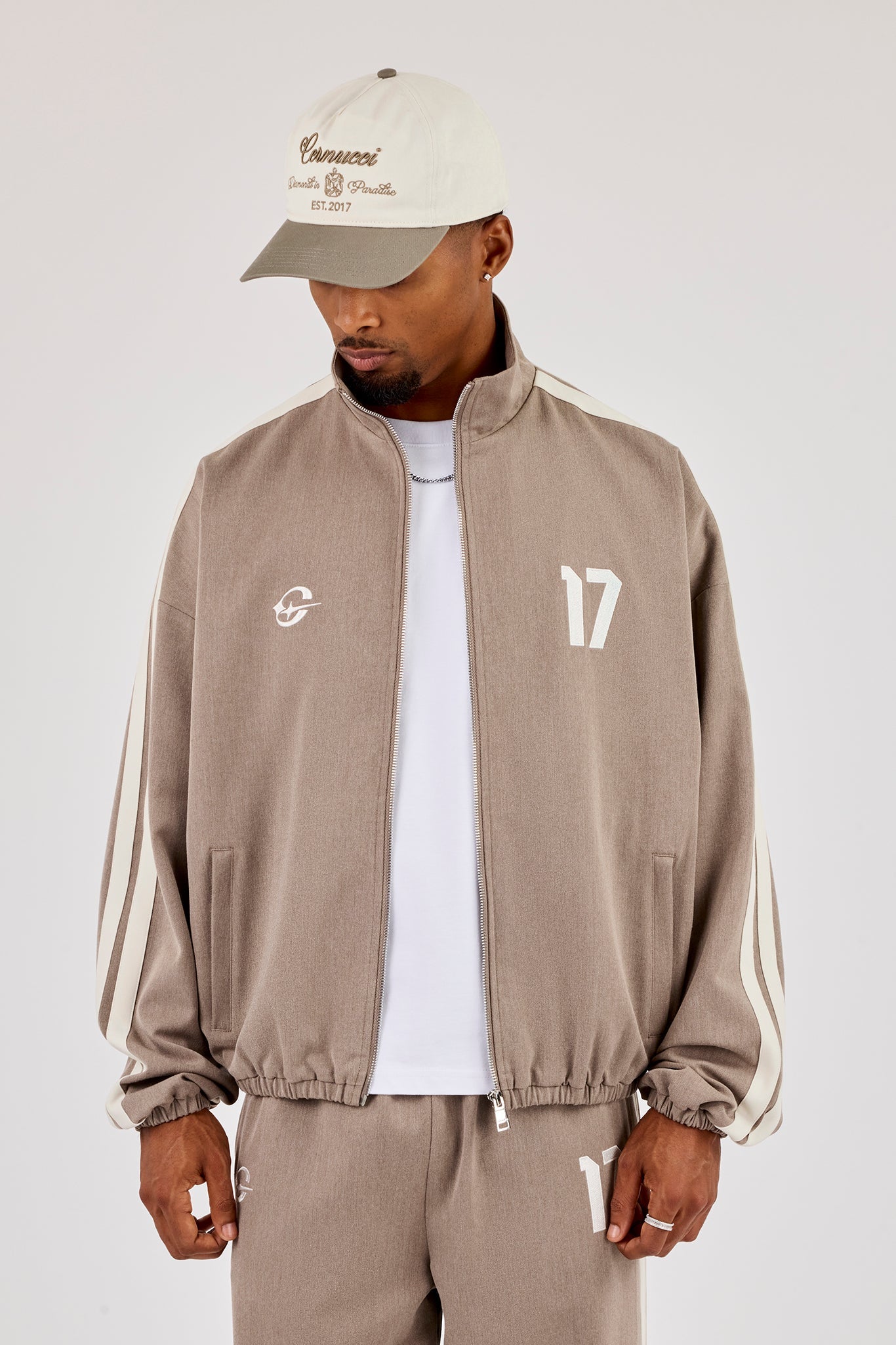 Woven Track Top With Side Tape - Taupe