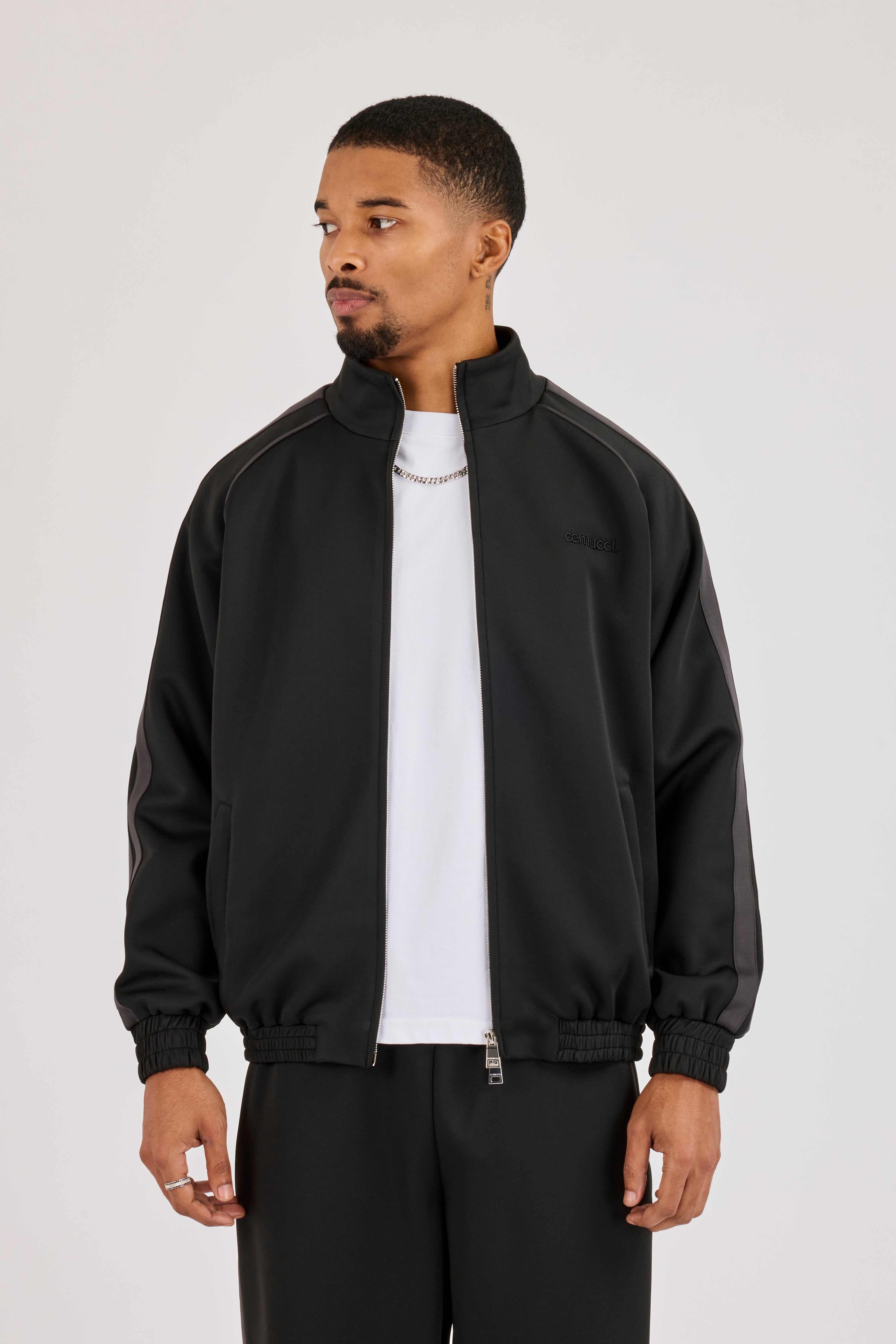 Funnel Neck Tape Detail Track Jacket - Black