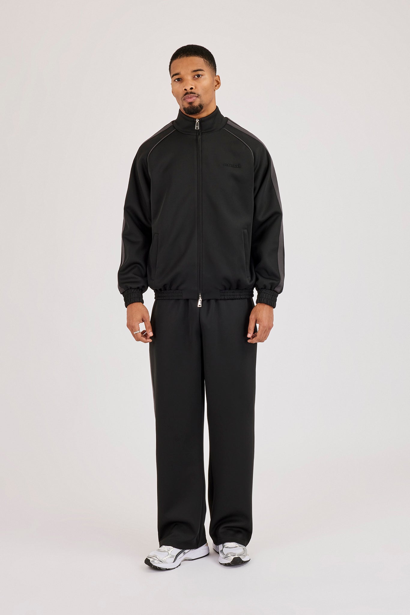 Funnel Neck Tape Detail Track Jacket & Relaxed Trouser – Black