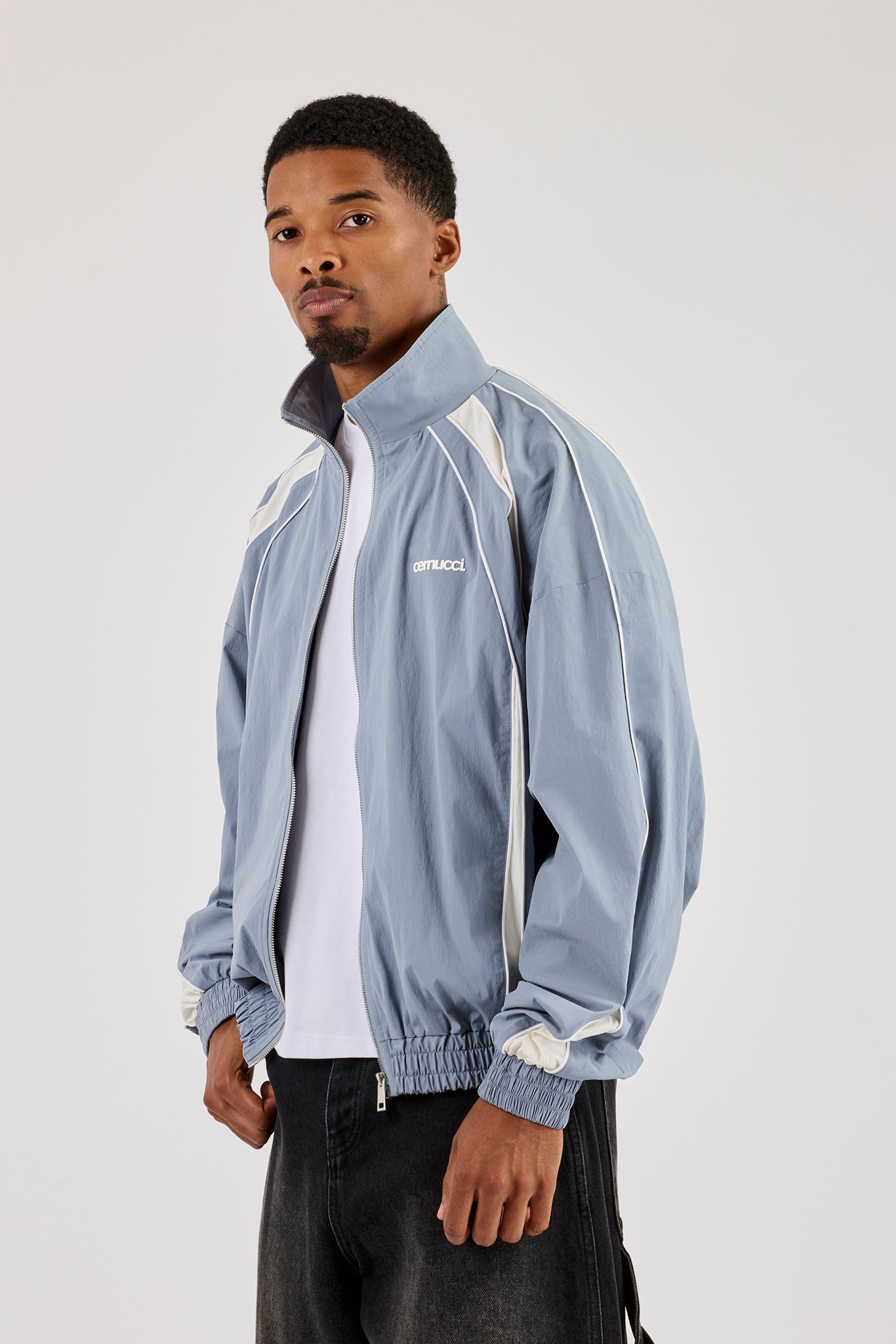 Nylon Panelled Track Jacket With Piping - Blue