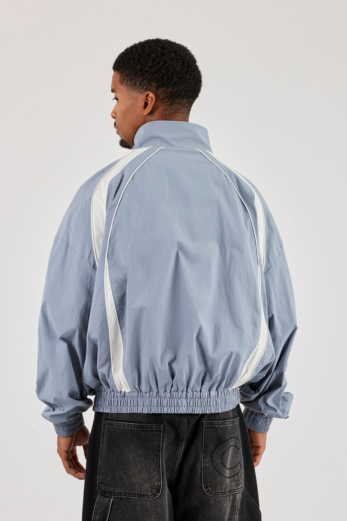Nylon Panelled Track Jacket With Piping - Blue