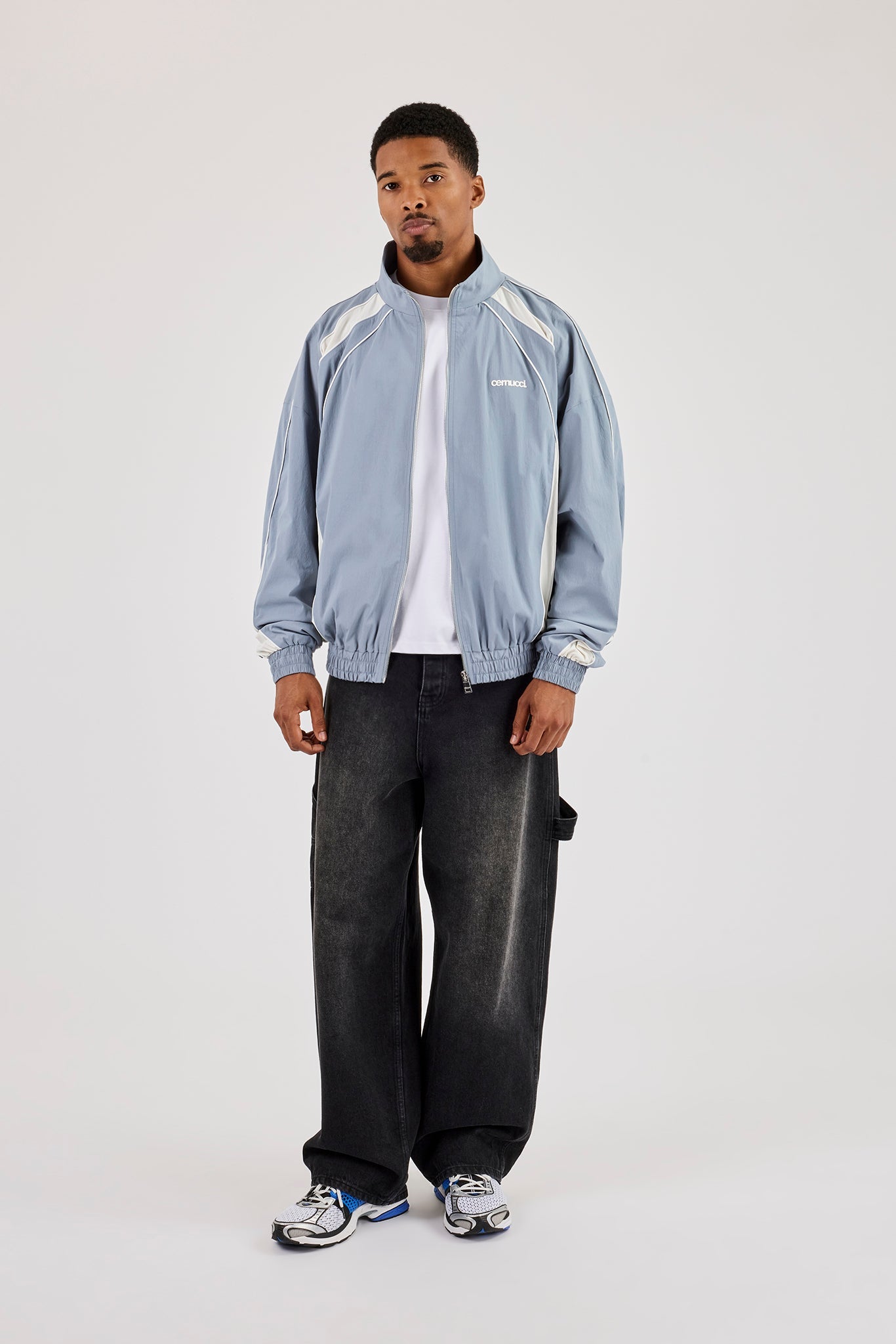 Nylon Panelled Track Jacket With Piping - Blue