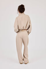 Woven Embroidered Jacket & Barrel Leg Trouser - Beige