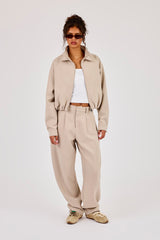 Woven Embroidered Jacket & Barrel Leg Trouser - Beige