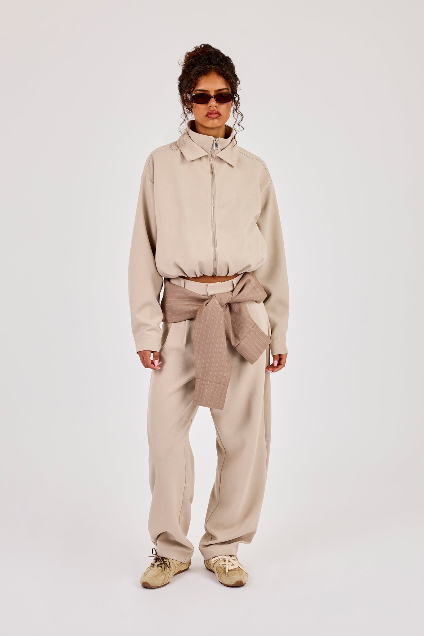 Woven Embroidered Jacket & Barrel Leg Trouser - Beige
