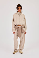 Woven Embroidered Jacket & Barrel Leg Trouser - Beige