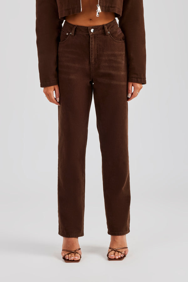 Twill Embroidered Trouser- Chocolate